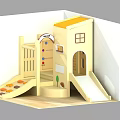Wooden Children's Play Structure With Yellow Roof Slide Windows And Railings