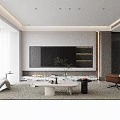 Modern Living Room With Large TV Fireplace White Coffee Table Green Plant And Wooden Accents