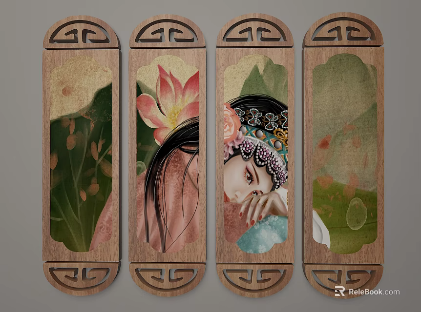 Traditional Chinese Figure Painting With Lotus And Wooden Decorative Panels 3d model 