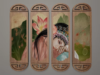Traditional Chinese Figure Painting With Lotus And Wooden Decorative Panels 3d model