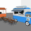 Blue Food Truck With Striped Awning Checkered Pattern And Orange Truck With Tables Chairs