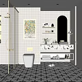 Modern White Tile Bathroom Interior With Glass Shower Toilet Mirror And Decorative Shelves