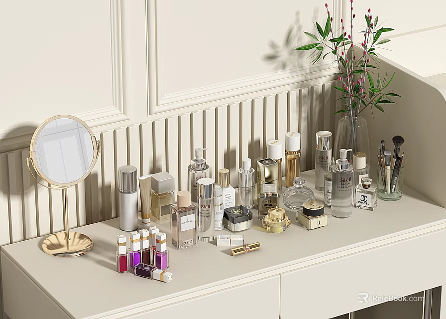 Perfume and Cosmetics Display on Light Colored Countertop With Round Mirror Vase and Shell Tray 3d model 