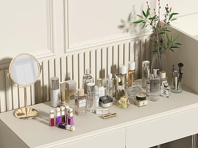 Perfume and Cosmetics Display on Light Colored Countertop With Round Mirror Vase and Shell Tray 3d model
