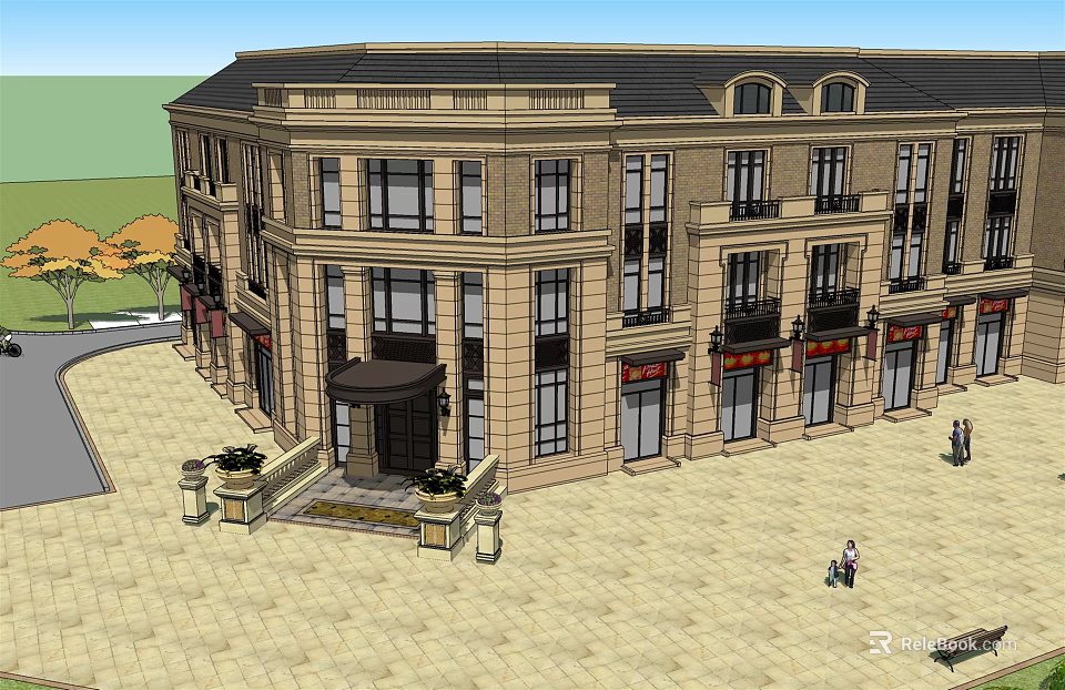 Classical Style Hotel Building With Stone Facade Porch Large Windows And Plaza 3d model 