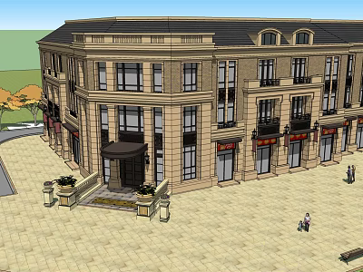 Classical Style Hotel Building With Stone Facade Porch Large Windows And Plaza 3d model