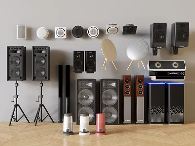 Different Types of Home Audio Headphones and Speakers Featuring Floorstanding Bookshelf and Decorative Designs 3d model