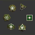 Green And Gold Polyhedral Dice With Various Shapes For Decorative Tabletop Accessories