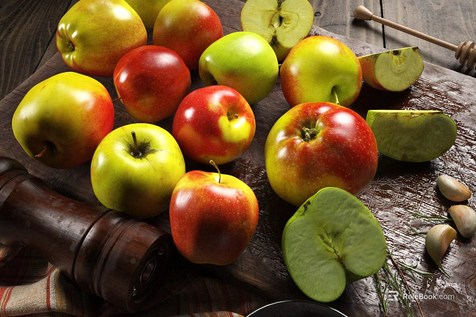 Fresh Ripe Colorful Apples on Wooden Table with Sliced Pieces and Green Leaves 3d model 