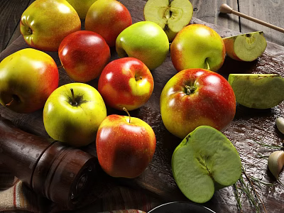 Fresh Ripe Colorful Apples on Wooden Table with Sliced Pieces and Green Leaves 3d model