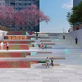 Stone Wood Terrace Steps With Seating Green Plants In Commercial Complex Public Space