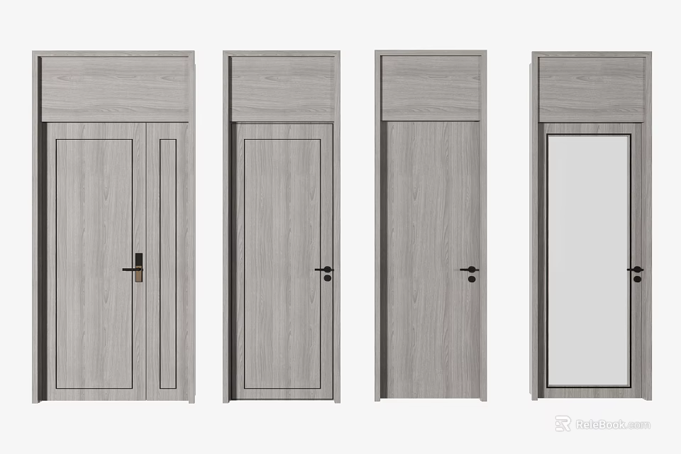 Grey Wood Grain Hinged Doors With Single Double Panel And Mirror Designs 3d model