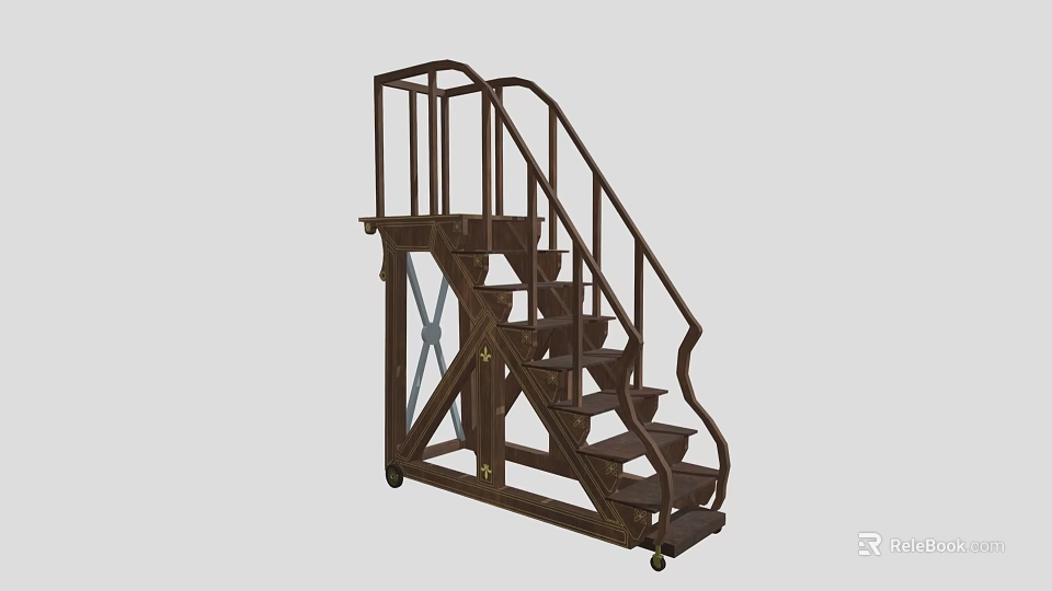 Wooden Staircase With Brown Steps Curved Handrail And Railing Design Structure 3d model
