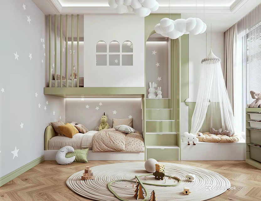 Cozy Kids Room With Bunk Bed Star Wall Cloud Lamp And Playful Toys 3d model 