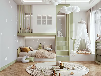 Cozy Kids Room With Bunk Bed Star Wall Cloud Lamp And Playful Toys 3d model