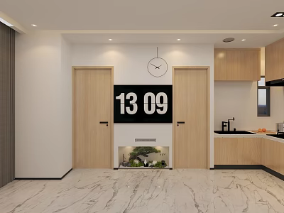 Modern Minimalist Living Room With Light Wood Details Marble Flooring And Open Kitchen Layout 3d model