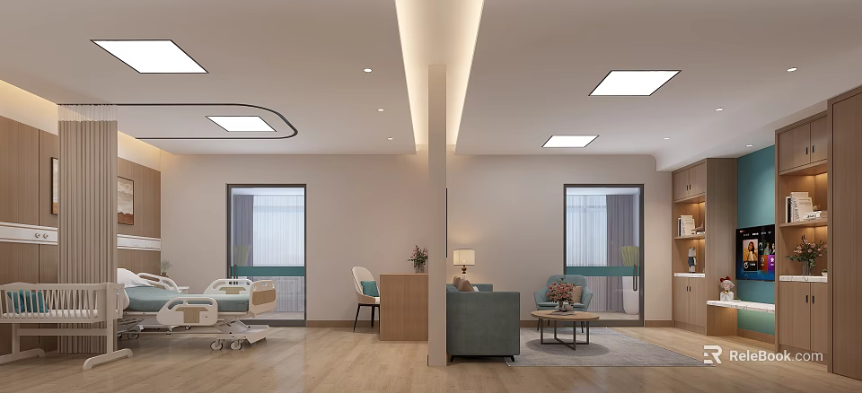 Modern Hospital Outpatient Clinic Interior With Comfortable Beds Sofa Coffee Table Windows And Soft Lighting 3d model 