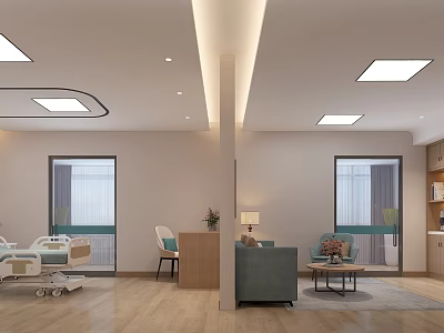 Modern Hospital Outpatient Clinic Interior With Comfortable Beds Sofa Coffee Table Windows And Soft Lighting 3d model
