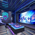 Modern KTV Interior With Blue Neon Lighting Comfortable Sofas Glass Tables And LED Screens