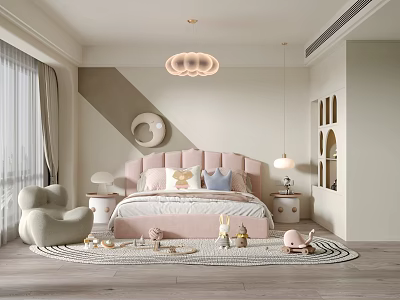 Warm Kids Room Design Featuring Pink Bedhead Stuffed Toys Rug Pendant Light And Wall Decor 3d model