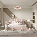 Warm Kids Room Design Featuring Pink Bedhead Stuffed Toys Rug Pendant Light And Wall Decor