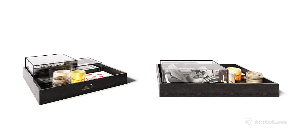 Decorative Ornament Set With Black Tray Transparent Storage Box And Small Decorative Items 3d model 