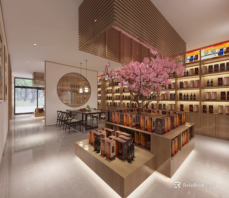 Elegant Specialty Store Interior With Wooden Shelves Decorative Cherry Blossom Tree And Displayed Goods 3d model 