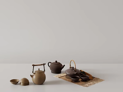 Natural Minimalist Tea Set With Brown Beige Teapot Teacup And Woven Mat On Light Gray 3d model