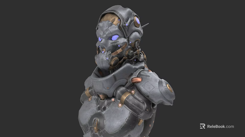 Cybernetic Warrior Character With Mechanical Head Blue Glowing Eyes And Armored Body 3d model 