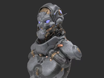 Cybernetic Warrior Character With Mechanical Head Blue Glowing Eyes And Armored Body 3d model