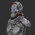 Cybernetic Warrior Character With Mechanical Head Blue Glowing Eyes And Armored Body