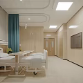 Modern Hospital Room Interior With Hospital Bed Blue Curtain TV Wooden Wall Panels And Medical Equipment