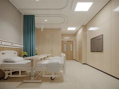 Modern Hospital Room Interior With Hospital Bed Blue Curtain TV Wooden Wall Panels And Medical Equipment 3d model