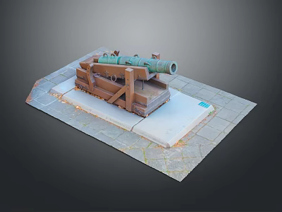 Ancient Cannon Weapon Display With Green Barrel On Wooden Carriage Placed On Stone Slab Ground 3d model