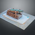 Ancient Cannon Weapon Display With Green Barrel On Wooden Carriage Placed On Stone Slab Ground