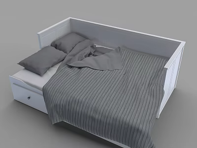 White Children's Bed with Guardrails Gray Striped Bedspread and Drawer Storage 3d model