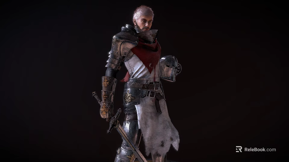 Man in Medieval Armored Suit With Red Scarf Holding Sword And Shield Against Dark Background 3d model 