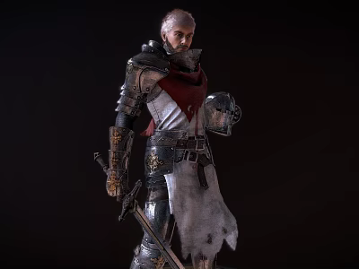 Man in Medieval Armored Suit With Red Scarf Holding Sword And Shield Against Dark Background 3d model