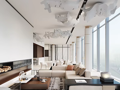 Elegant Modern Lounge Area Interior With Large Windows Sofa Fireplace White Decorations And Open Space 3d model