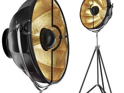 Modern Black and Gold Floor Lamp with Tripod Stand Metallic Frame and Gold Reflective Interior 3d model