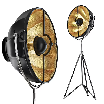 Modern Black and Gold Floor Lamp with Tripod Stand Metallic Frame and Gold Reflective Interior 3d model