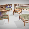 Natural Wooden Sofa And Coffee Table Set With Woven Seats And Colorful Cushions