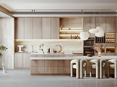 Modern Restaurant Kitchen Interior With Island Counter And Pendant Lights 3d model