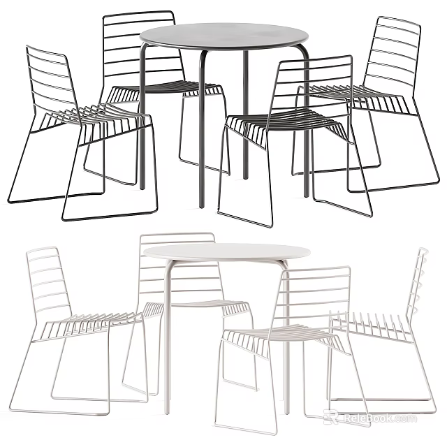 Stylish Black And White Outdoor Table With Metal Slatted Chairs For Patio Decor 3d model 