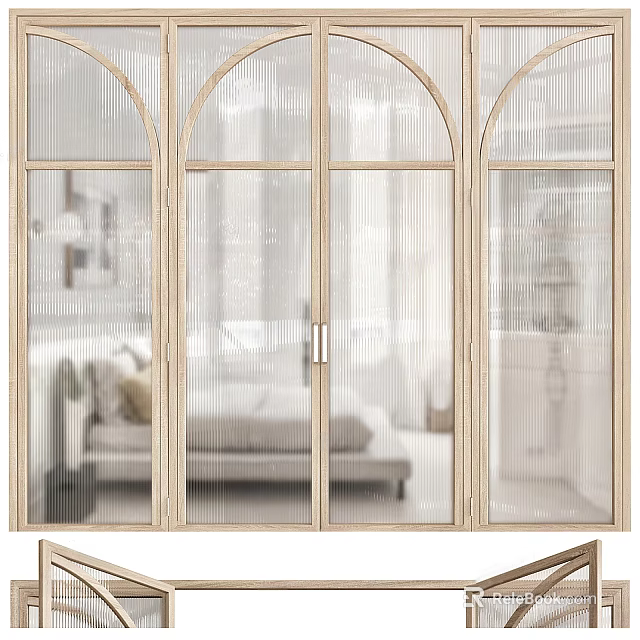 Modern Interior Double Doors With Wooden Frame And Glass Panels Design 3d model 