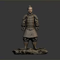 Ancient Chinese Terracotta Warrior Sculpture with Armored Details and Stone Base