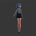 3D Character Model With Blue Hair Gray Long Sleeve Top Black Shorts And Pink Shoes
