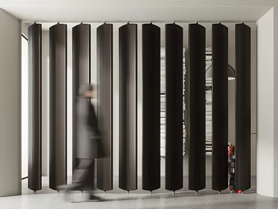 Modern Black Slatted Partition In Lobby Interior Space With Walking People 3d model