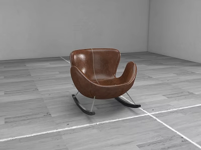 Brown Leather Rocking Leisure Chair With Wooden Floor And Gray Wall Background 3d model