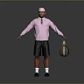 Stylish Man In Pink Cap Cardigan With White Shirt Tie Black Shorts Holding Brown Bag